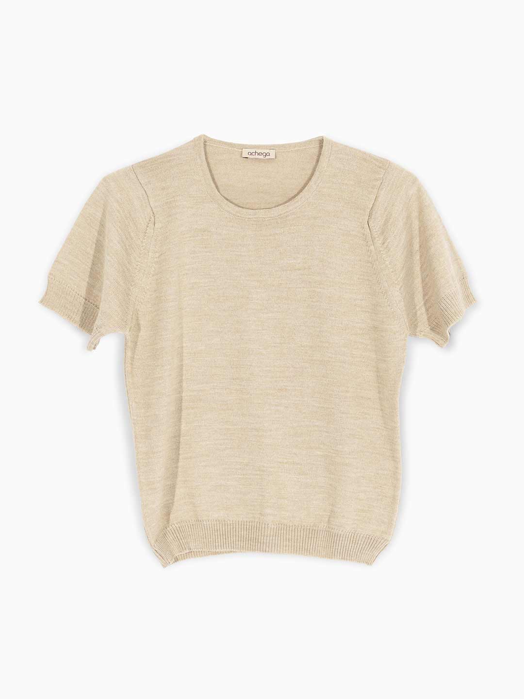 Camisolas de Malha Achega - Camisola lã merino areia com manga curta