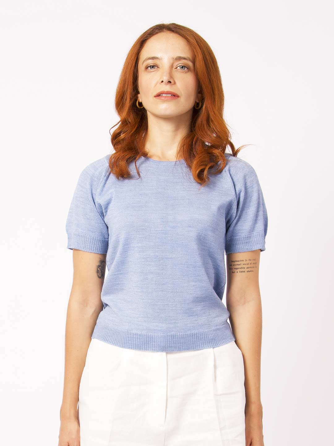 Camisolas de Malha Achega - Camisola lã merino azul clara com manga curta