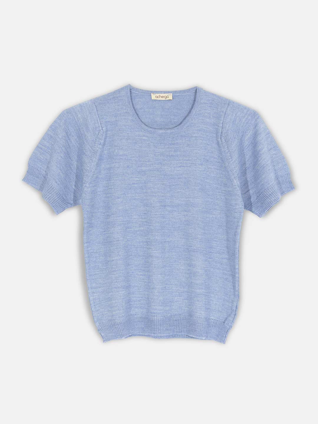 Camisolas de Malha Achega - Camisola lã merino azul clara com manga curta