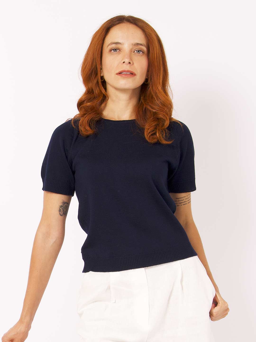 Short Sleeve Navy Knitted Top Merino Wool Short Sleeve Knit