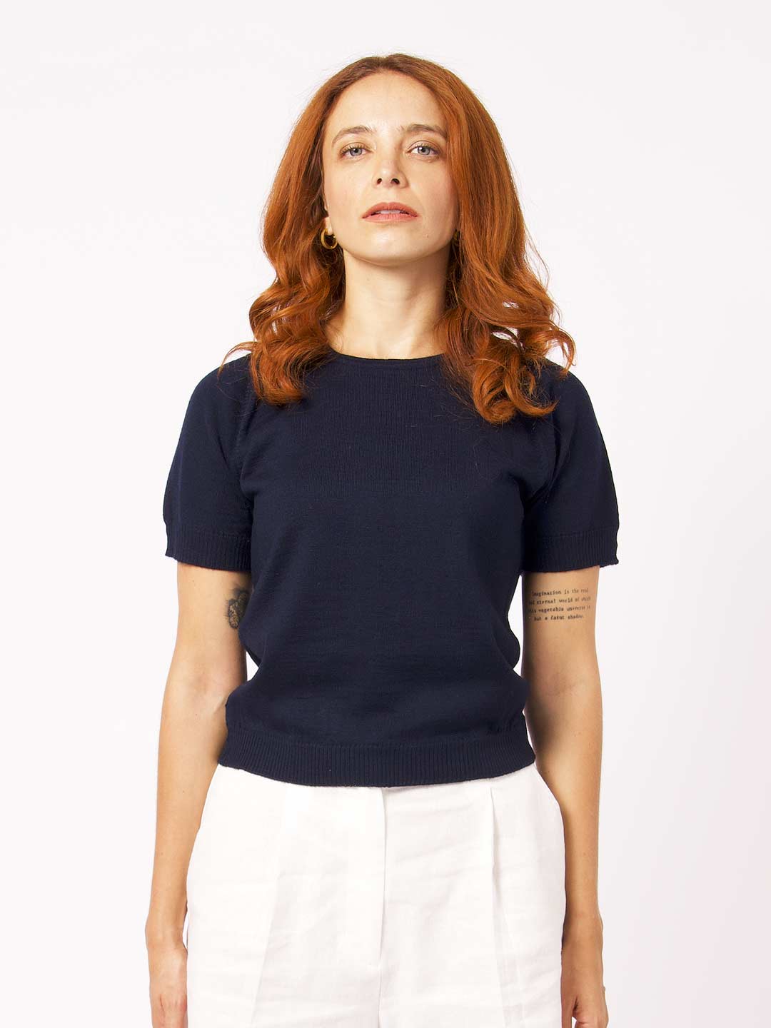 Camisolas de Malha Achega - Camisola lã merino azul marinho com manga curta