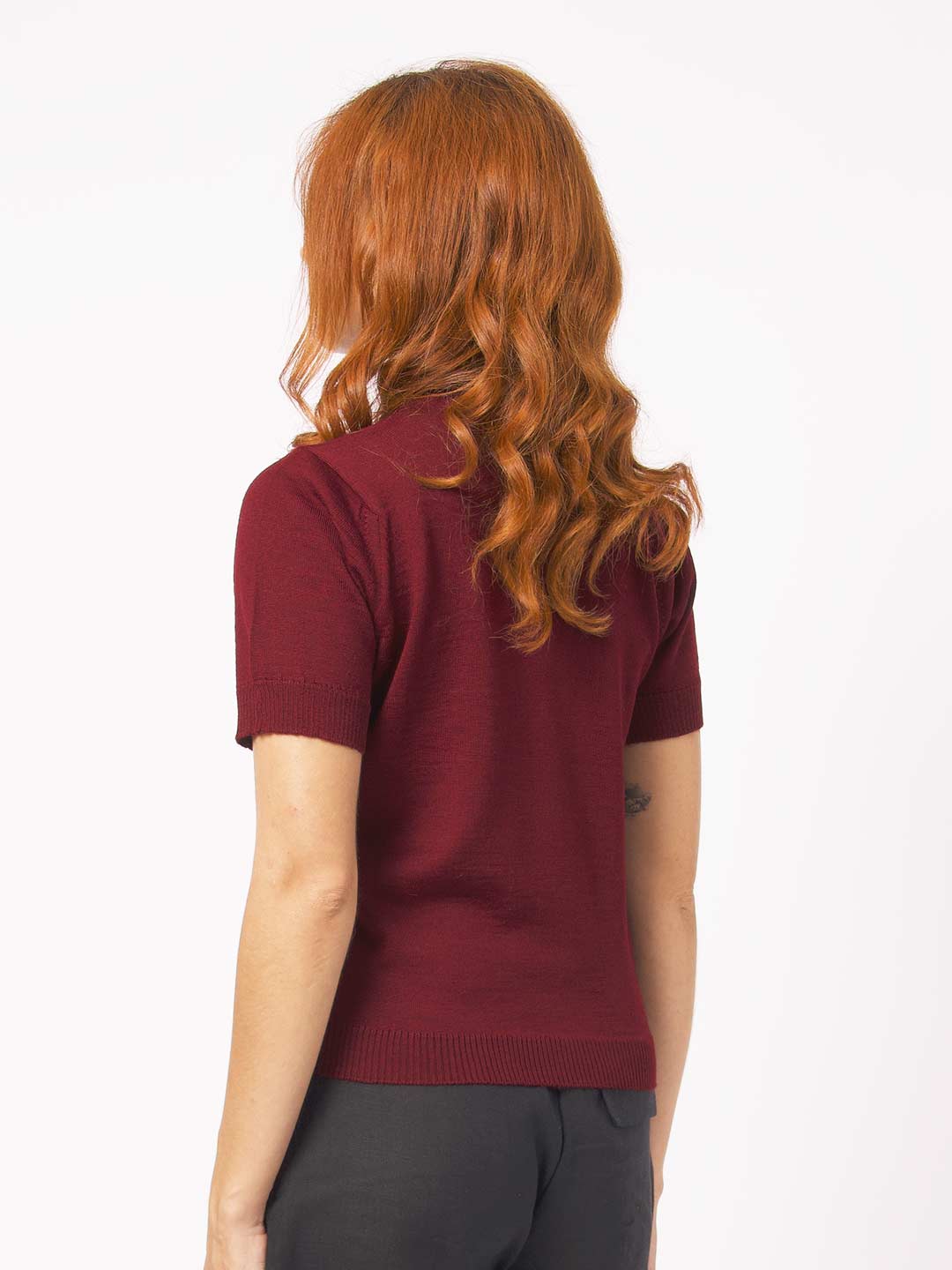 Camisolas de Malha Achega - Camisola lã merino bordeaux com manga curta