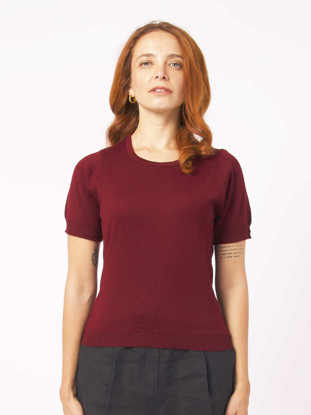 Camisolas de Malha Achega - Camisola lã merino bordeaux com manga curta