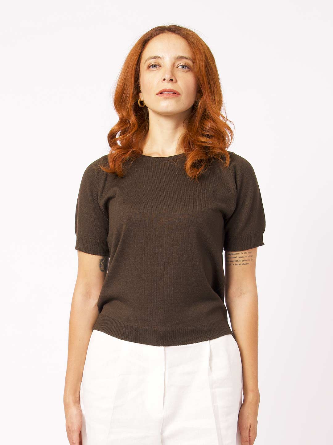 Achega Knitted Sweaters - Brown merino wool sweater with short sleeves