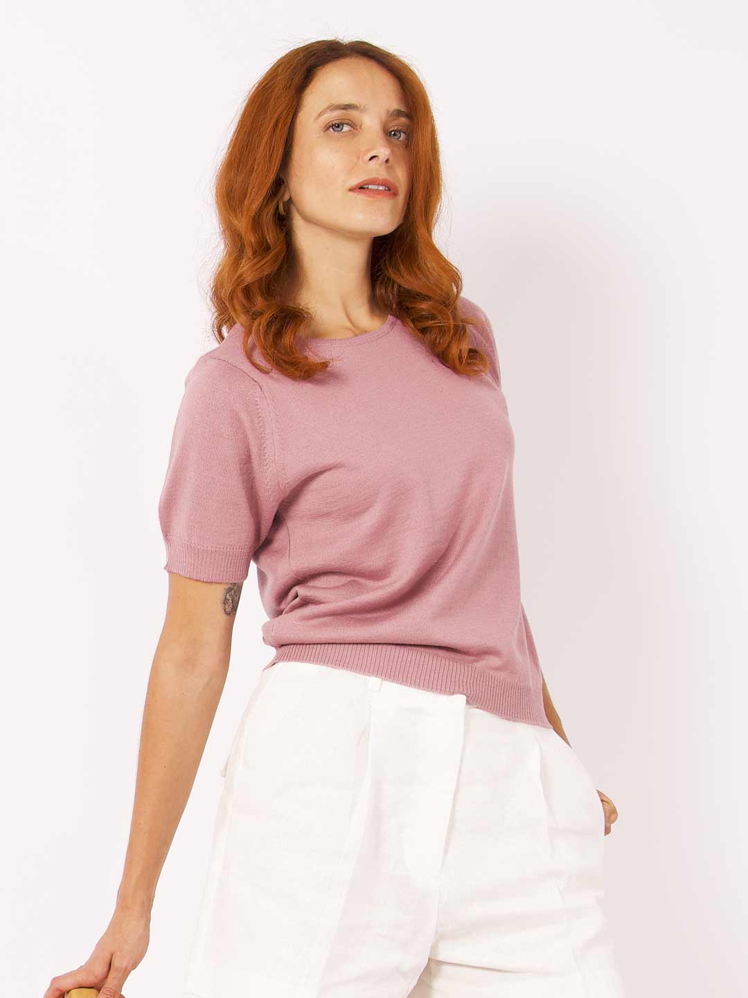 Achega Knitted Sweaters - Old pink merino wool sweater with short sleeves