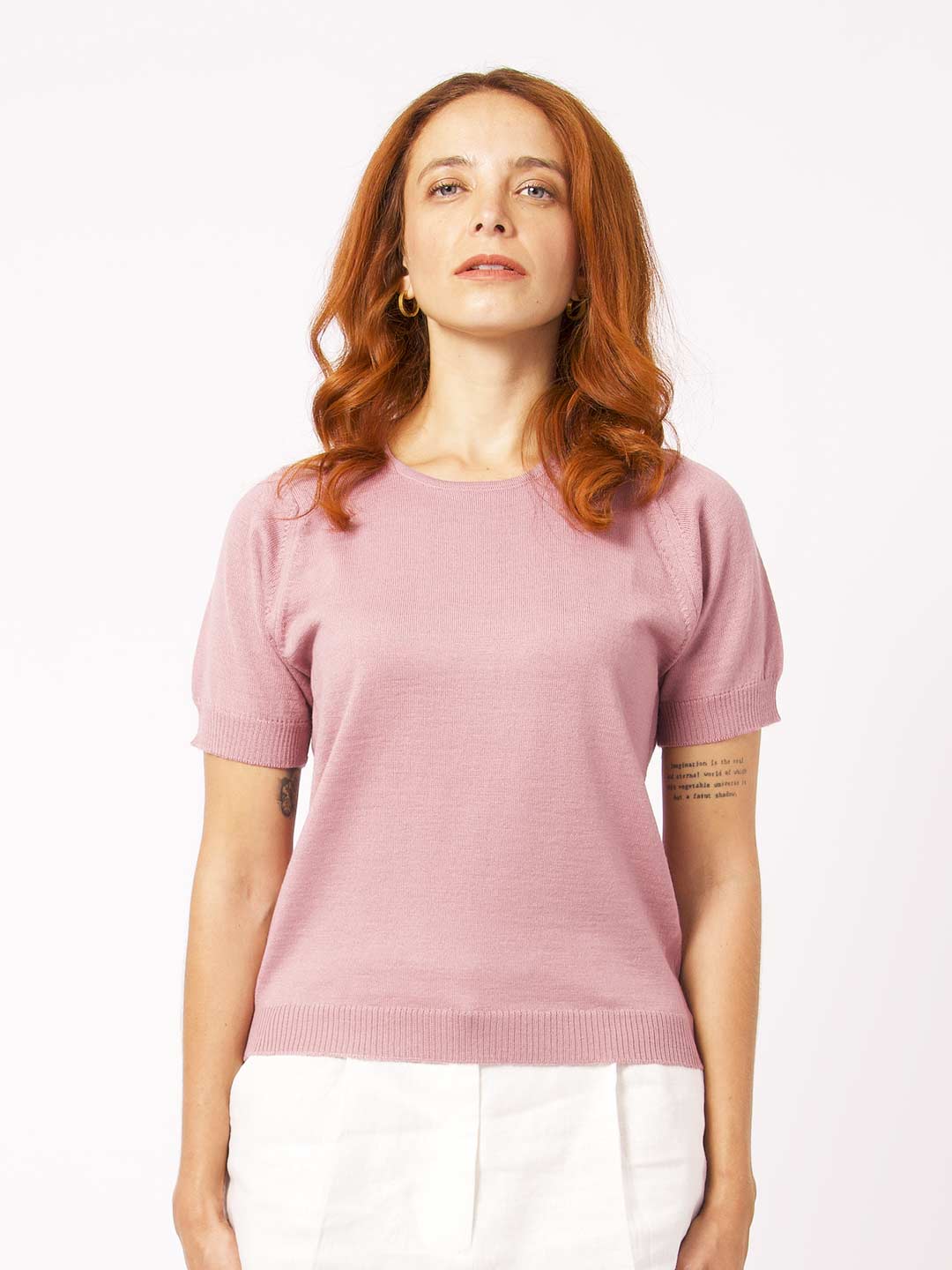 Camisola de Malha de Manga Curta em Lã Merino - Rosa