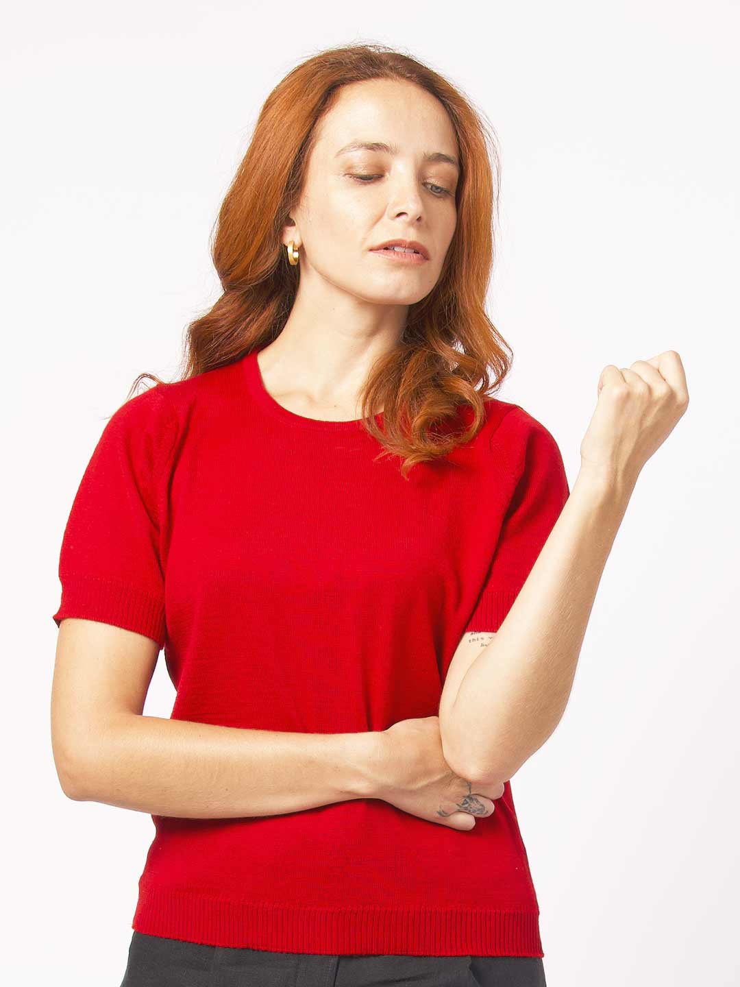 Achega Knitwear Sweaters - Red merino wool sweater with short sleeves