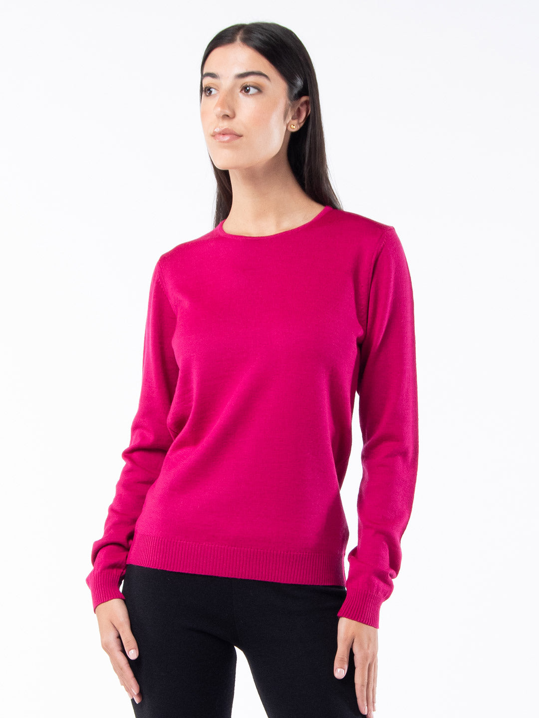 Camisolas de Malha Achega - Camisola lã merino rosa fuschia com manga comprida