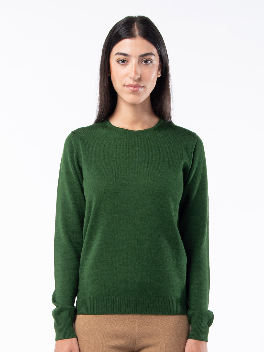 Camisolas de Malha Achega - Camisola lã merino verde musgo com manga comprida
