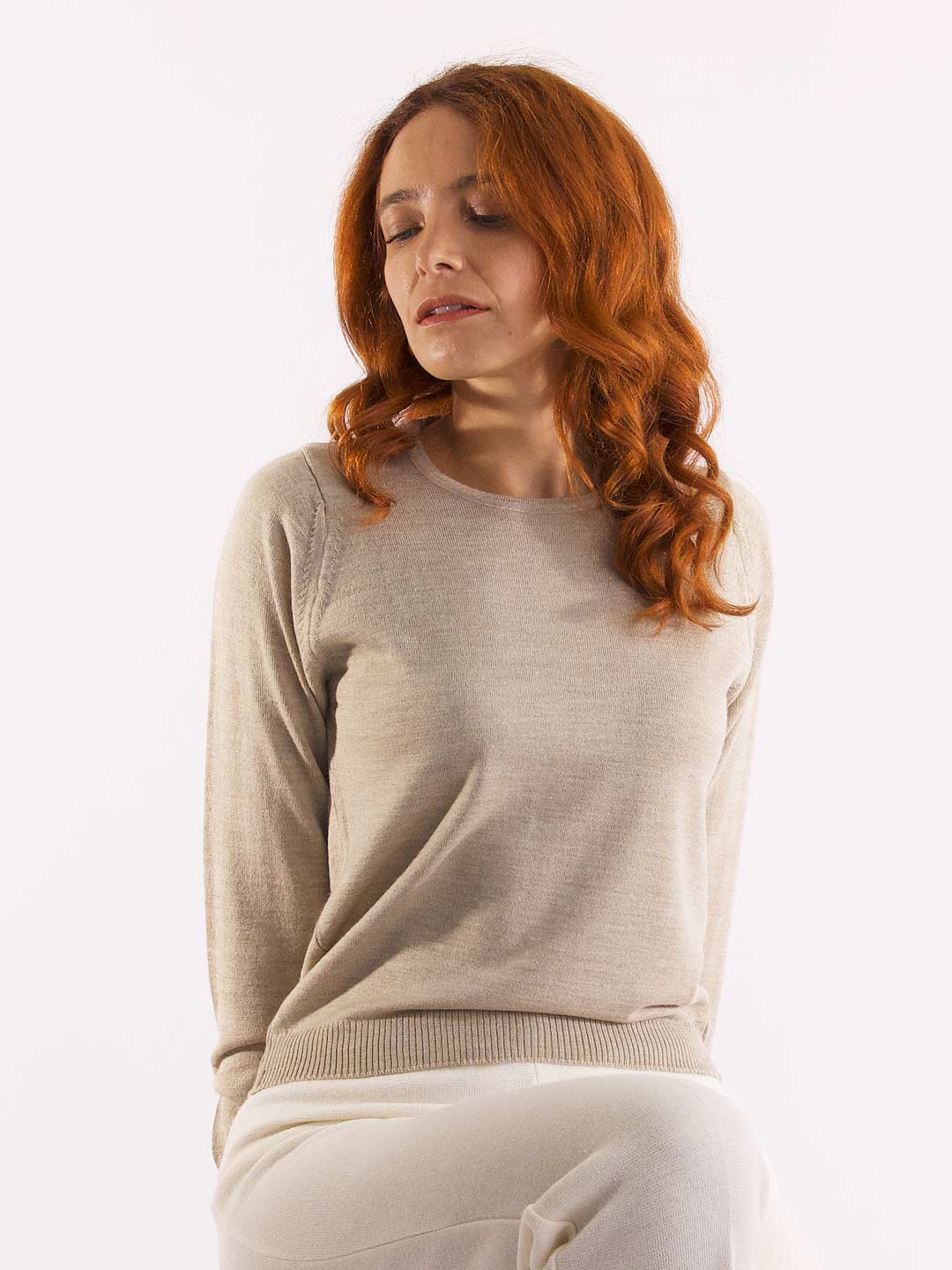 Achega Knit Sweaters - Sand merino wool sweater with long sleeves