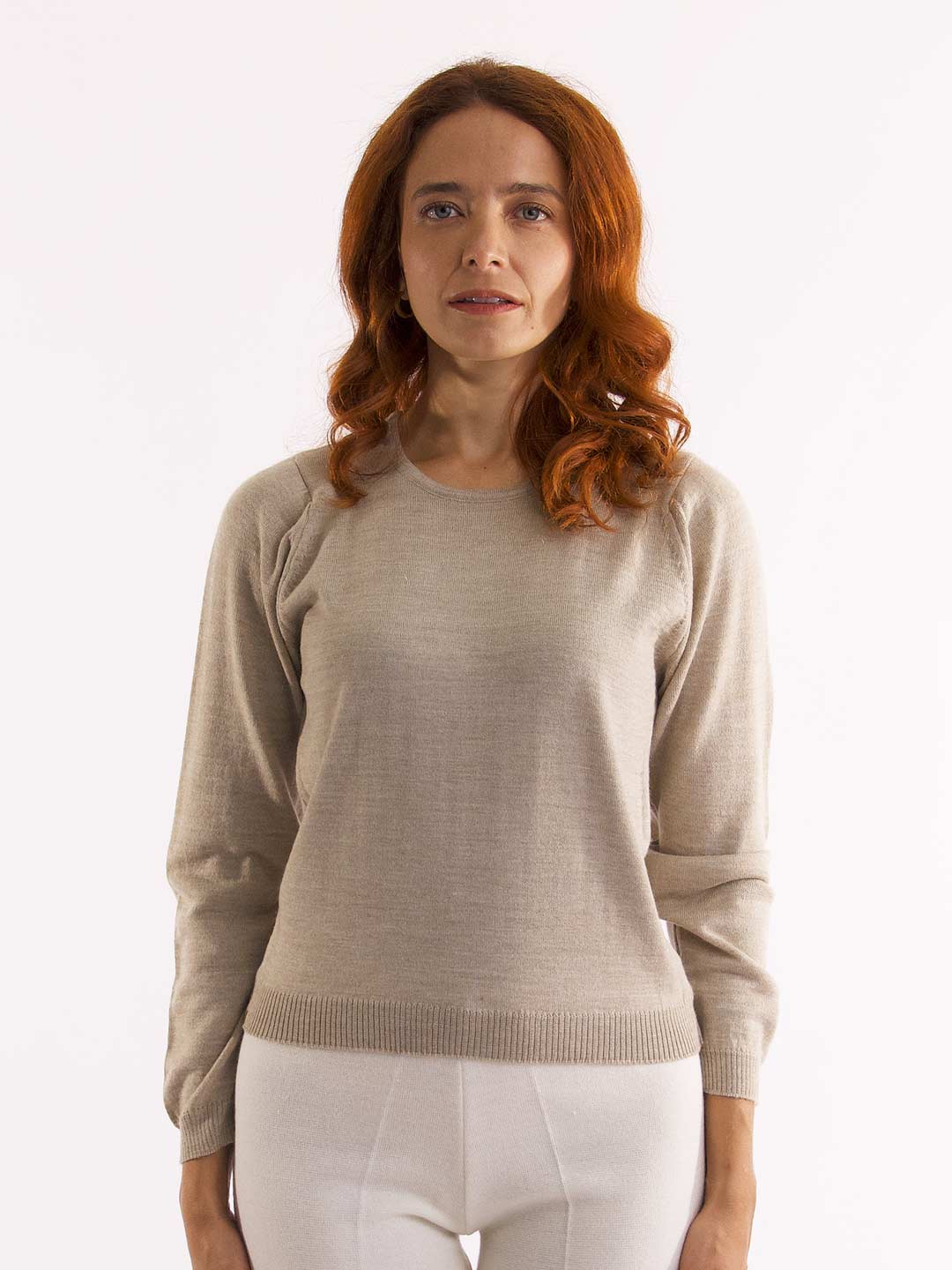 Achega Knit Sweaters - Sand merino wool sweater with long sleeves