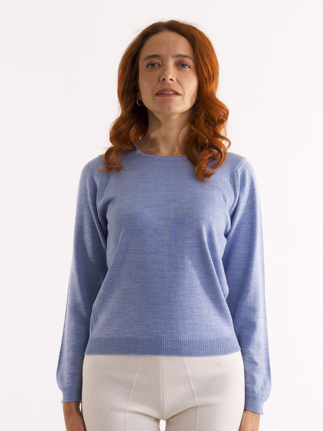 Camisolas de Malha Achega - Camisola lã merino azul clara com manga comprida