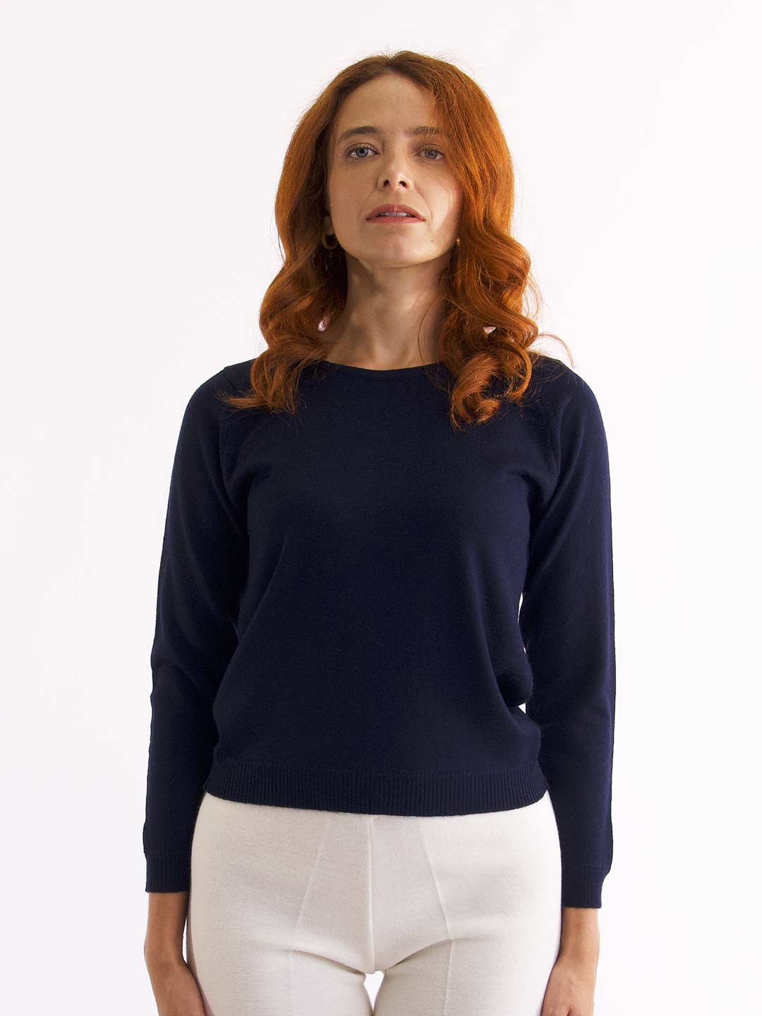 Camisolas de Malha Achega - Camisola lã merino azul marinho com manga comprida