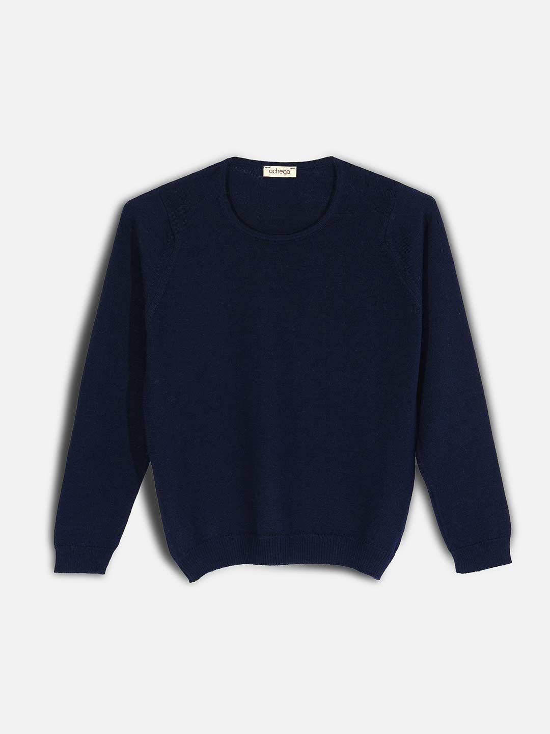 Camisolas de Malha Achega - Camisola lã merino azul marinho com manga comprida