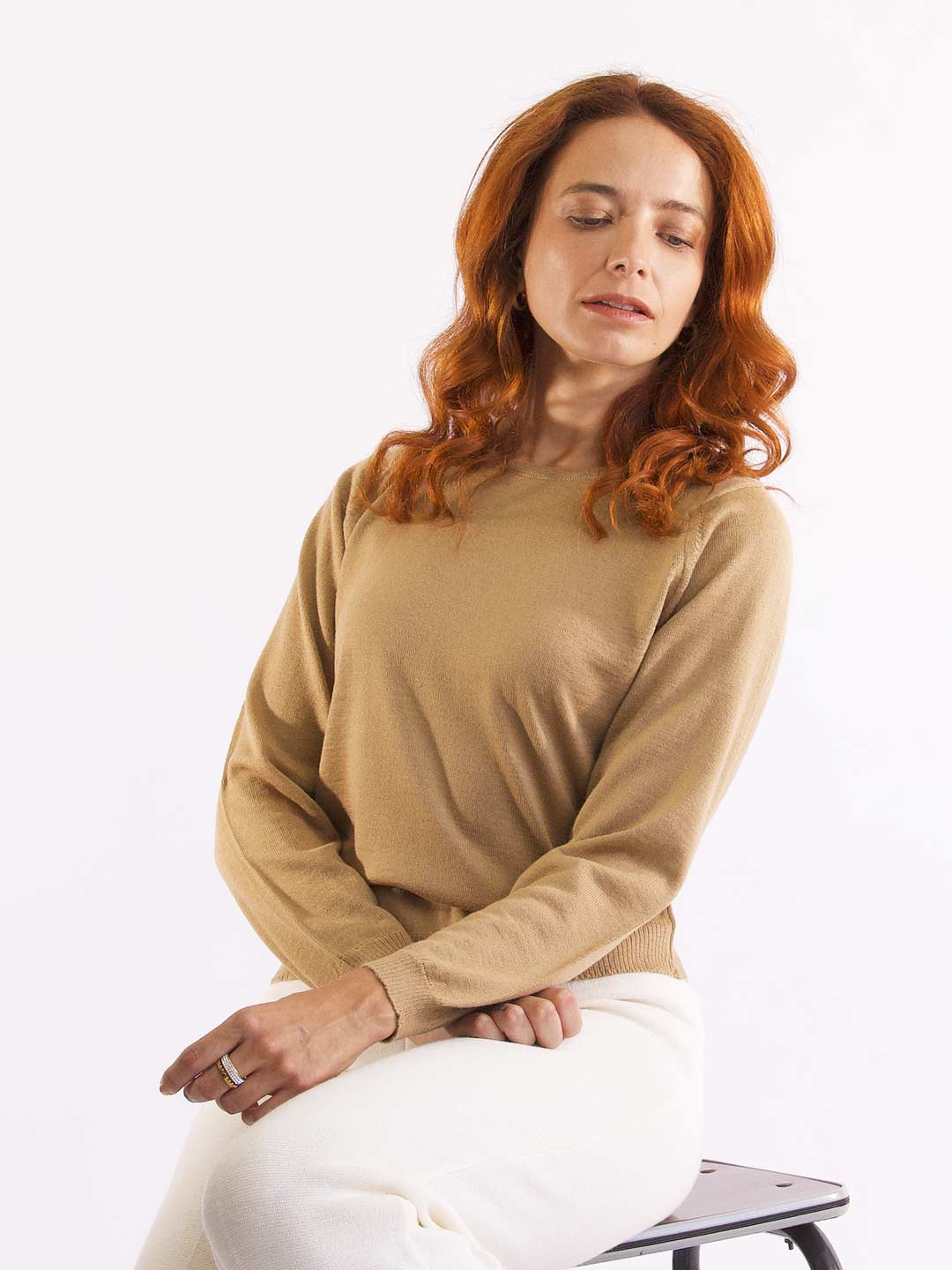 Camisolas de Malha Achega - Camisola lã merino camel com manga comprida