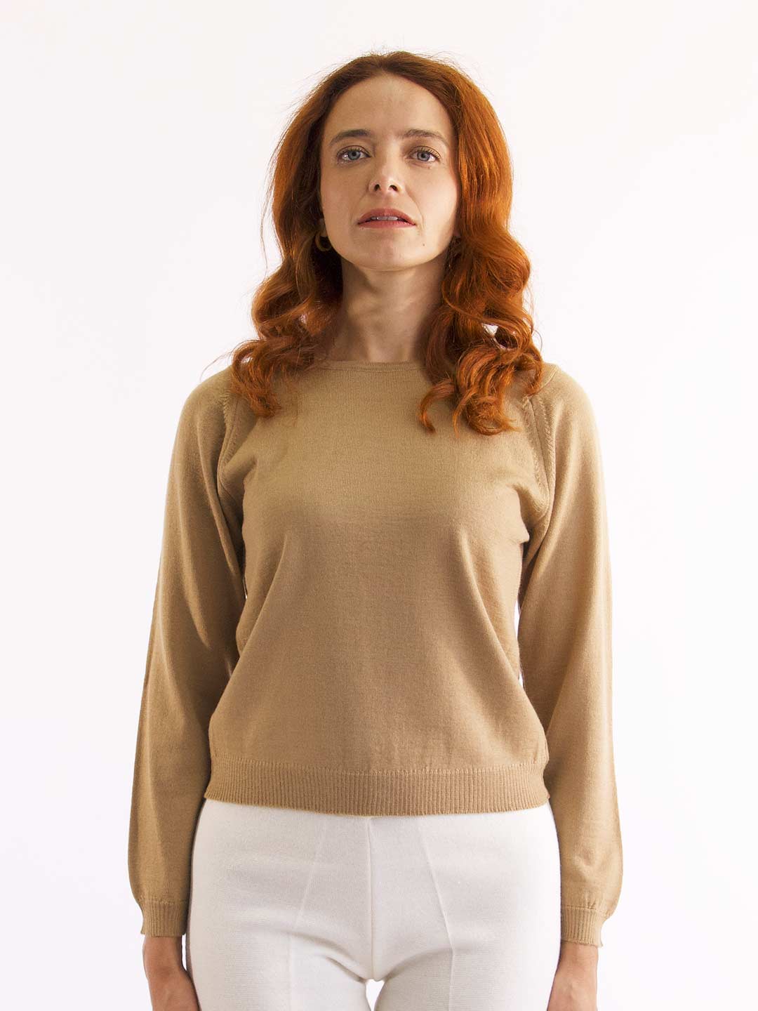 Camisolas de Malha Achega - Camisola lã merino camel com manga comprida