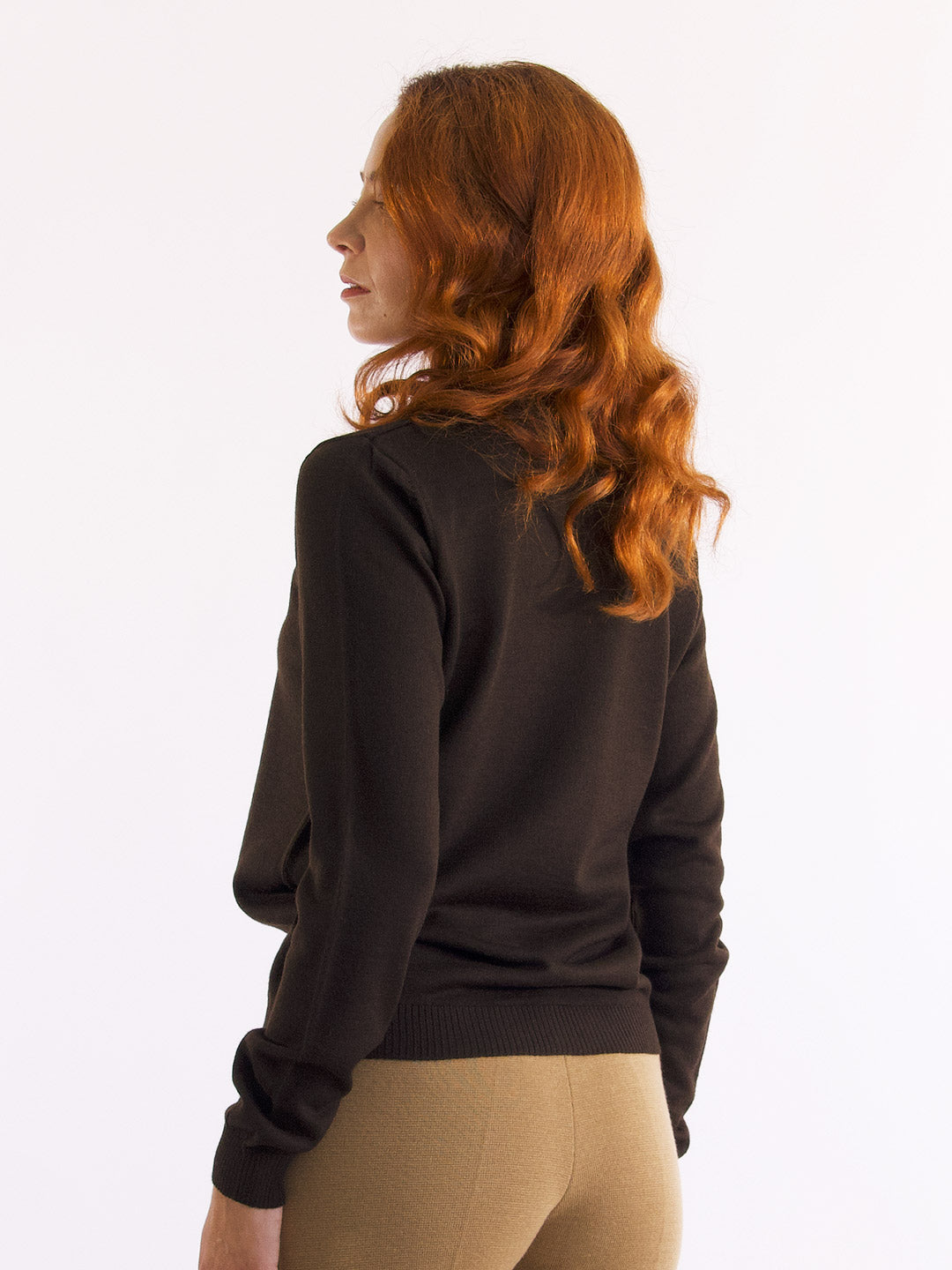 Achega Knitted Sweaters - Brown merino wool sweater with long sleeves