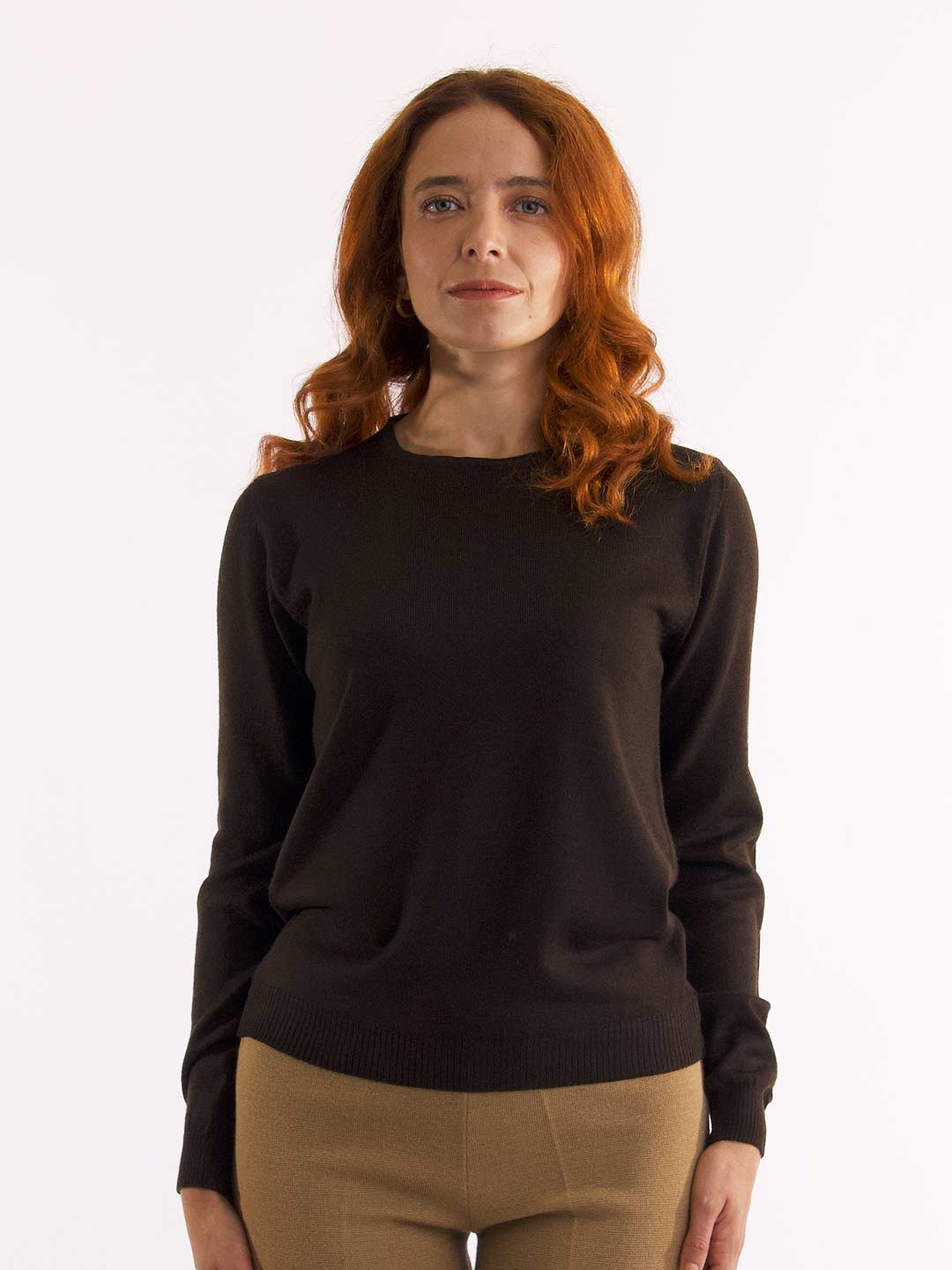 Achega Knitted Sweaters - Brown merino wool sweater with long sleeves