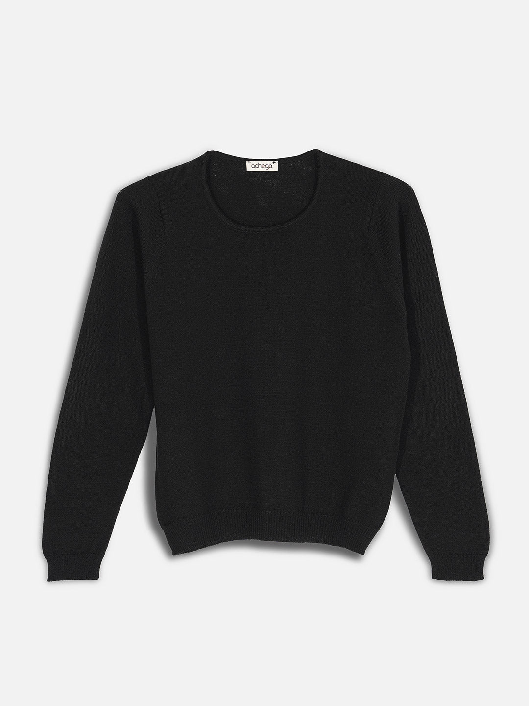 Camisolas de Malha Achega - Camisola lã merino preta com manga comprida