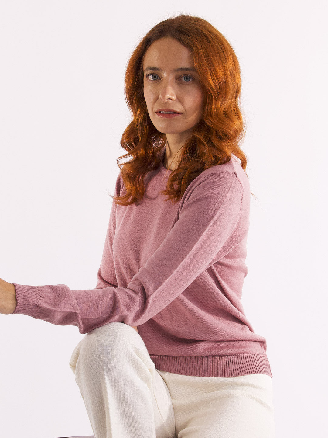 Camisolas de Malha Achega - Camisola lã merino rosa velho com manga comprida