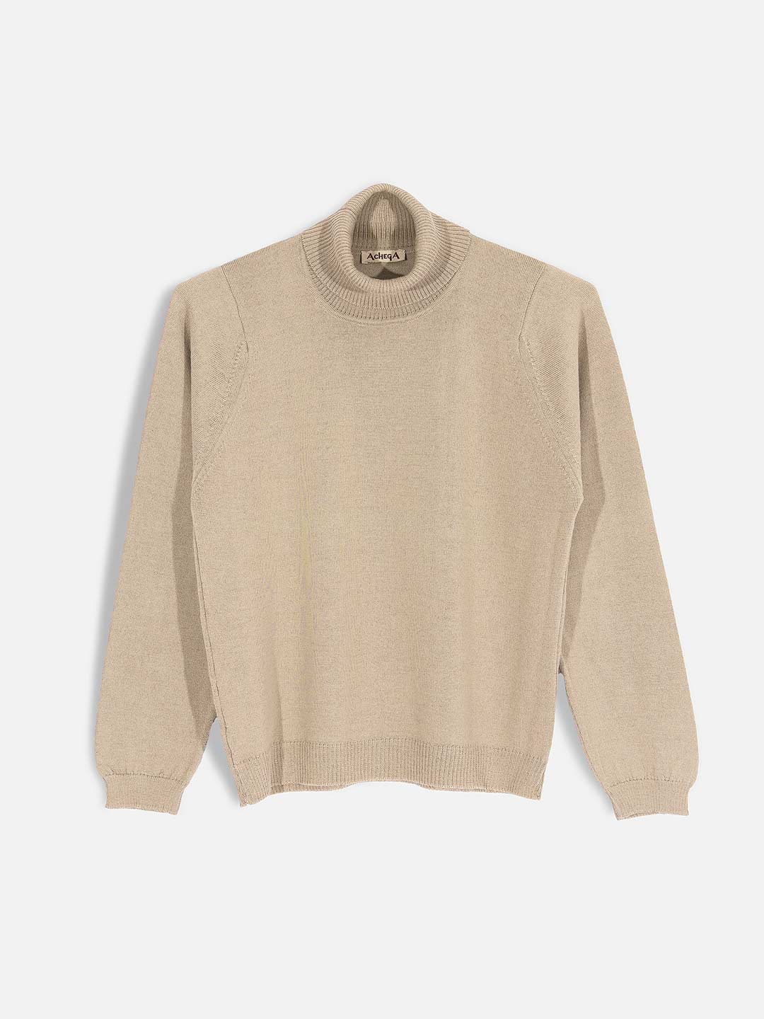 Achega Knit Sweaters - Women's merino wool sweater with high collar in sand color