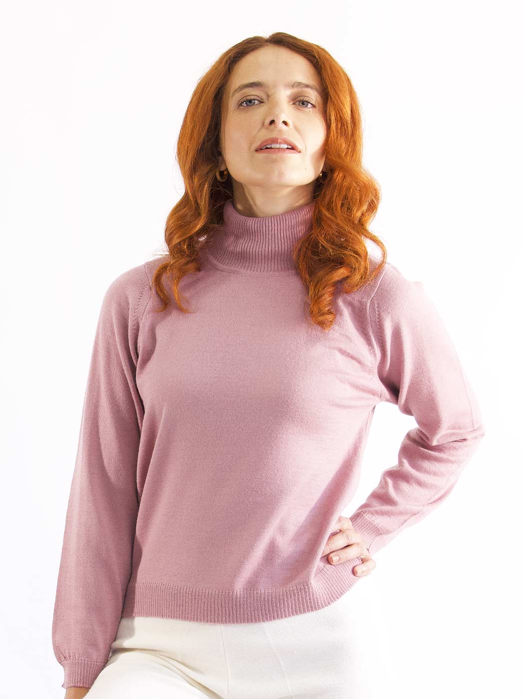 Achega Knit Sweaters - Women's merino wool sweater with pink turtleneck