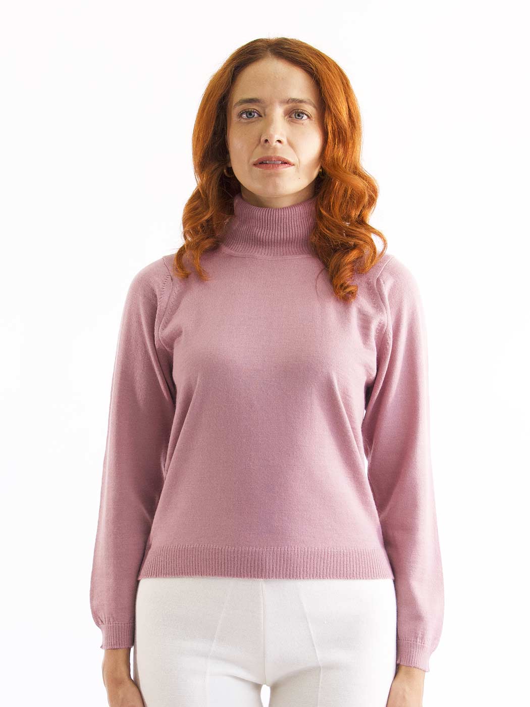 Achega Knit Sweaters - Women's merino wool sweater with pink turtleneck