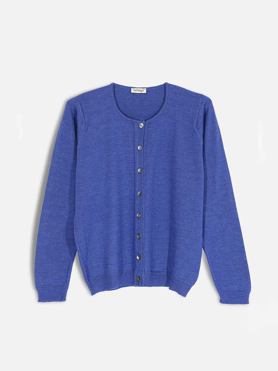 Casacos de Malha Achega - Casaco feminino azul indigo em lã merino com decote redondo e botões