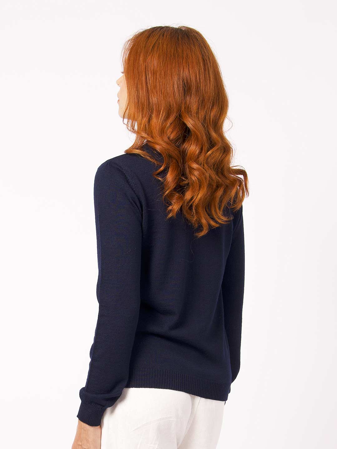 Achega Knitwear Chaquetas - Chaqueta de mujer de lana merino azul marino con cuello redondo y botones