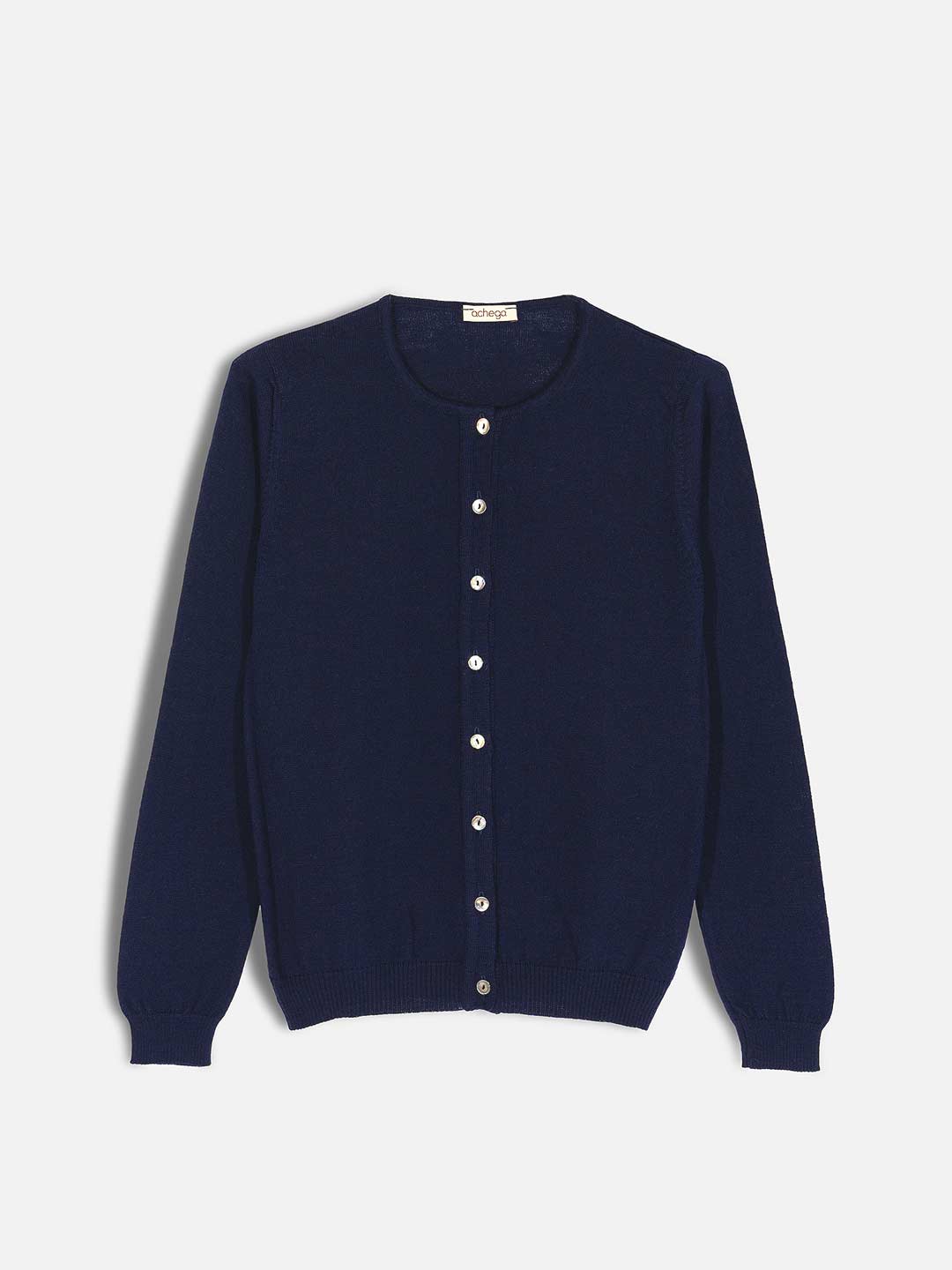 Achega Knitwear Chaquetas - Chaqueta de mujer de lana merino azul marino con cuello redondo y botones
