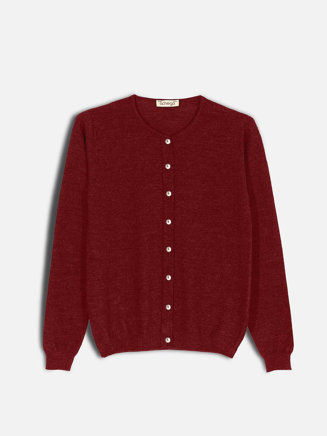 Casacos de Malha Achega - Casaco feminino bordeaux em lã merino com decote redondo e botões