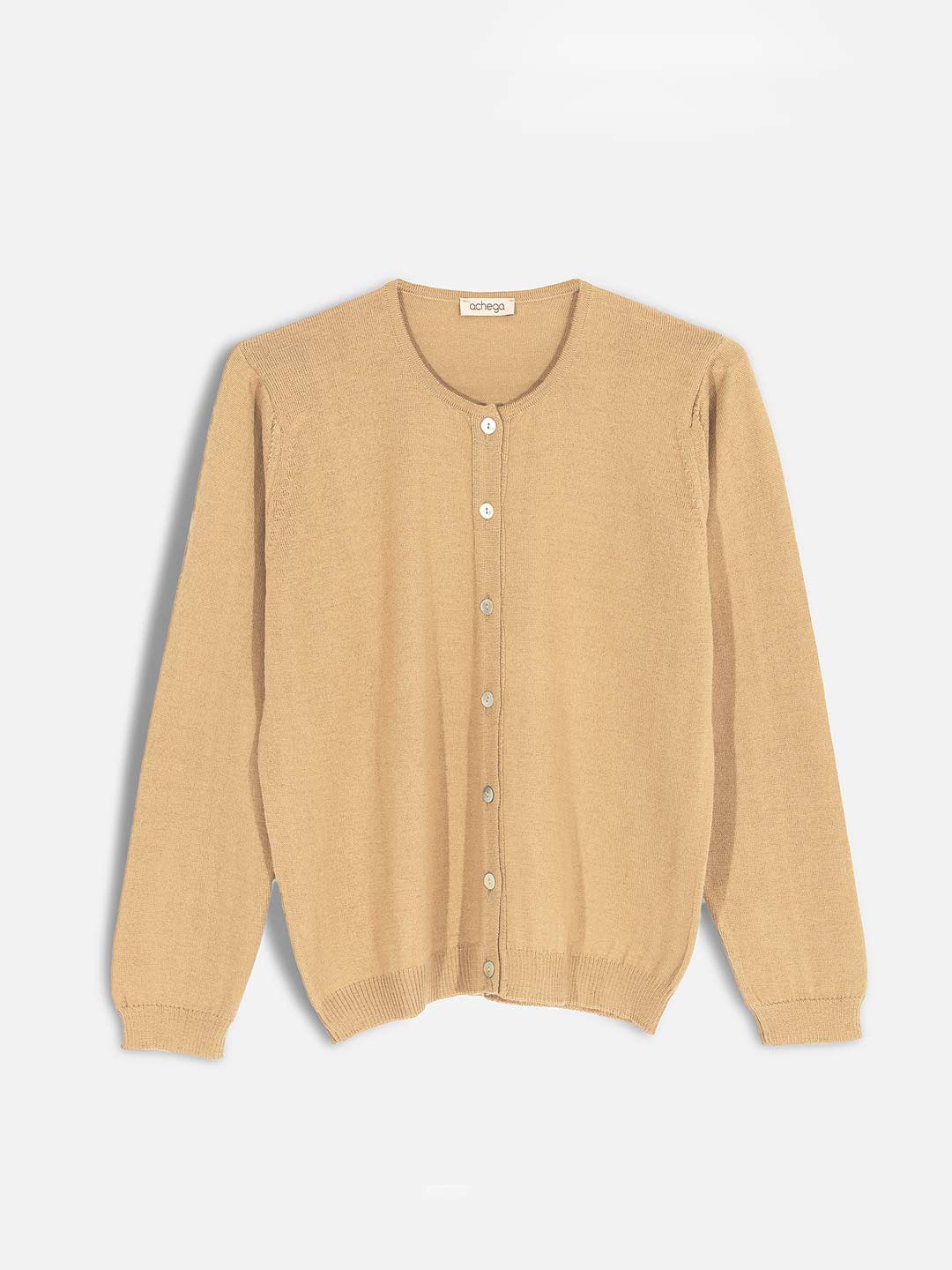 Casacos de Malha Achega - Casaco feminino camel em lã merino com decote redondo e botões