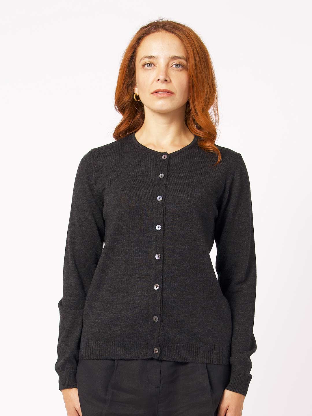Achega Knitted Cardigan - Women's gray merino wool Cardigan with round neckline and buttons