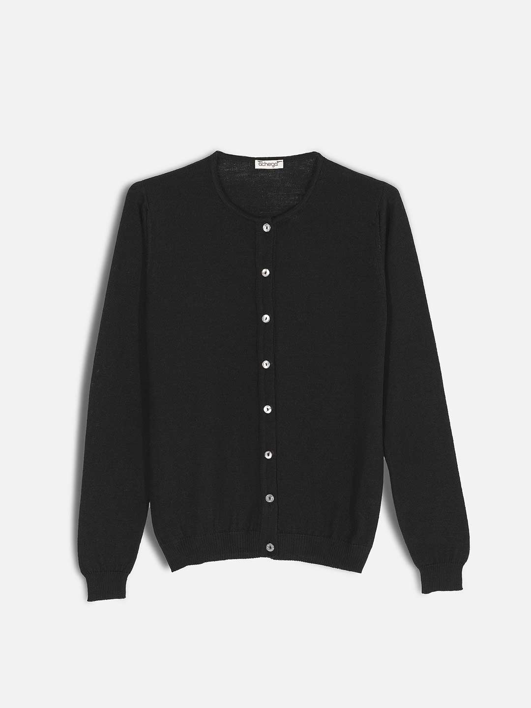 Casacos de Malha Achega - Casaco feminino preto em lã merino com decote redondo e botões