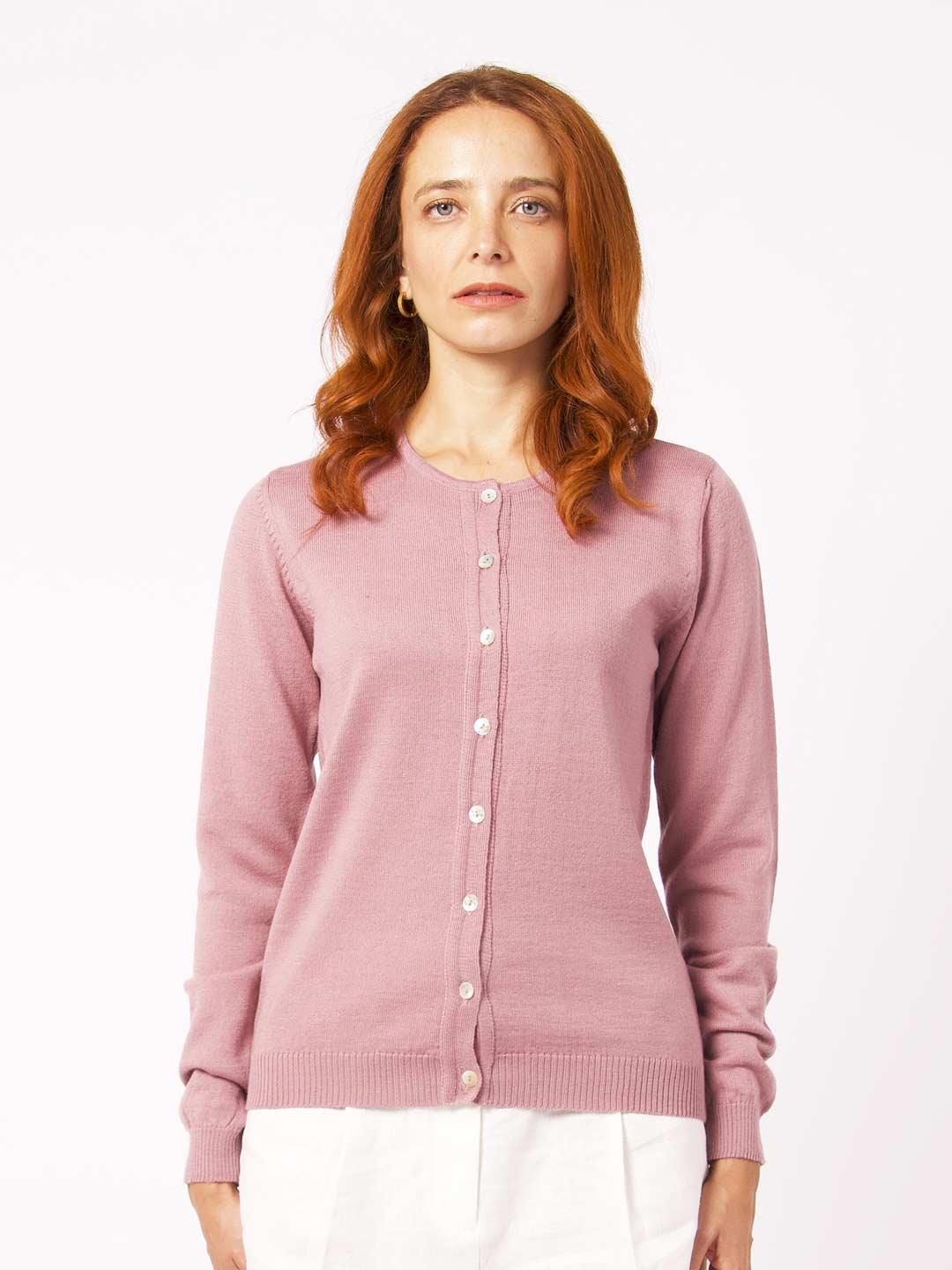 Achega Knitted Cardigan - Old pink women's Cardigan in merino wool with round neckline and buttons