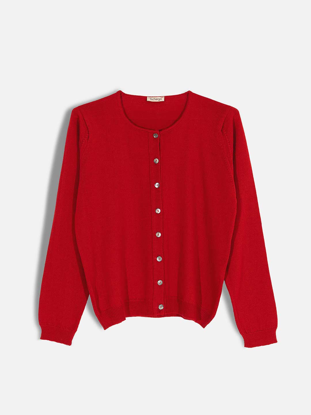 Casacos de Malha Achega - Casaco feminino vermelho em lã merino com decote redondo e botões