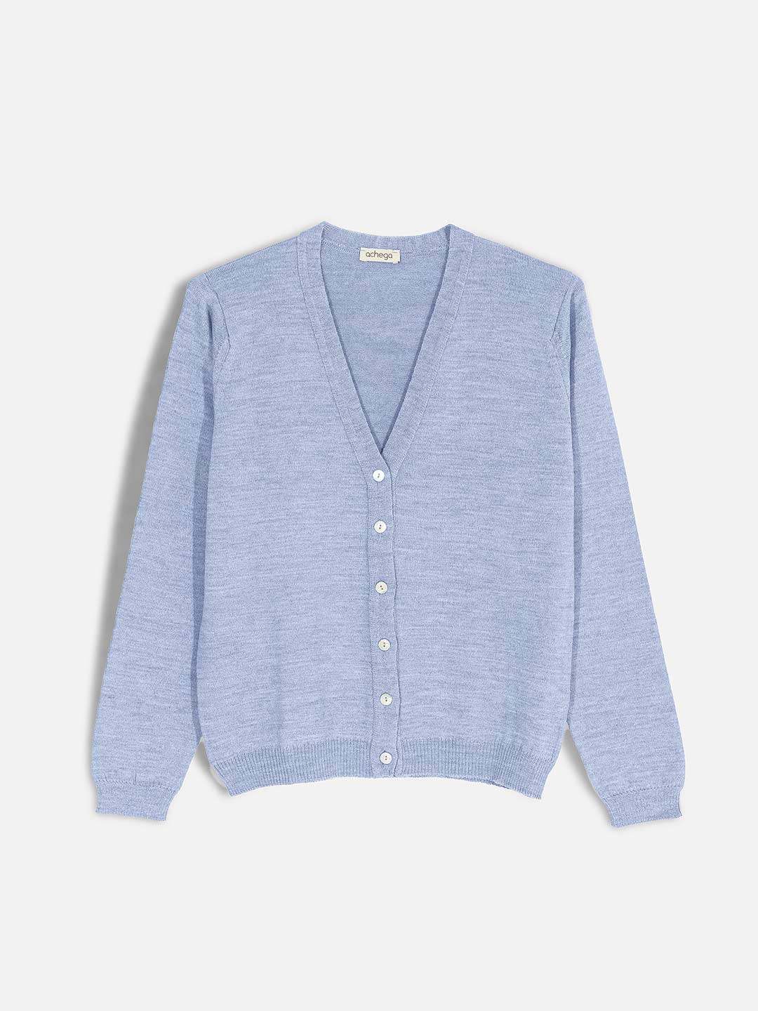 Casacos de Malha Achega - Casaco feminino azul claro em lã merino com decote em v e botões