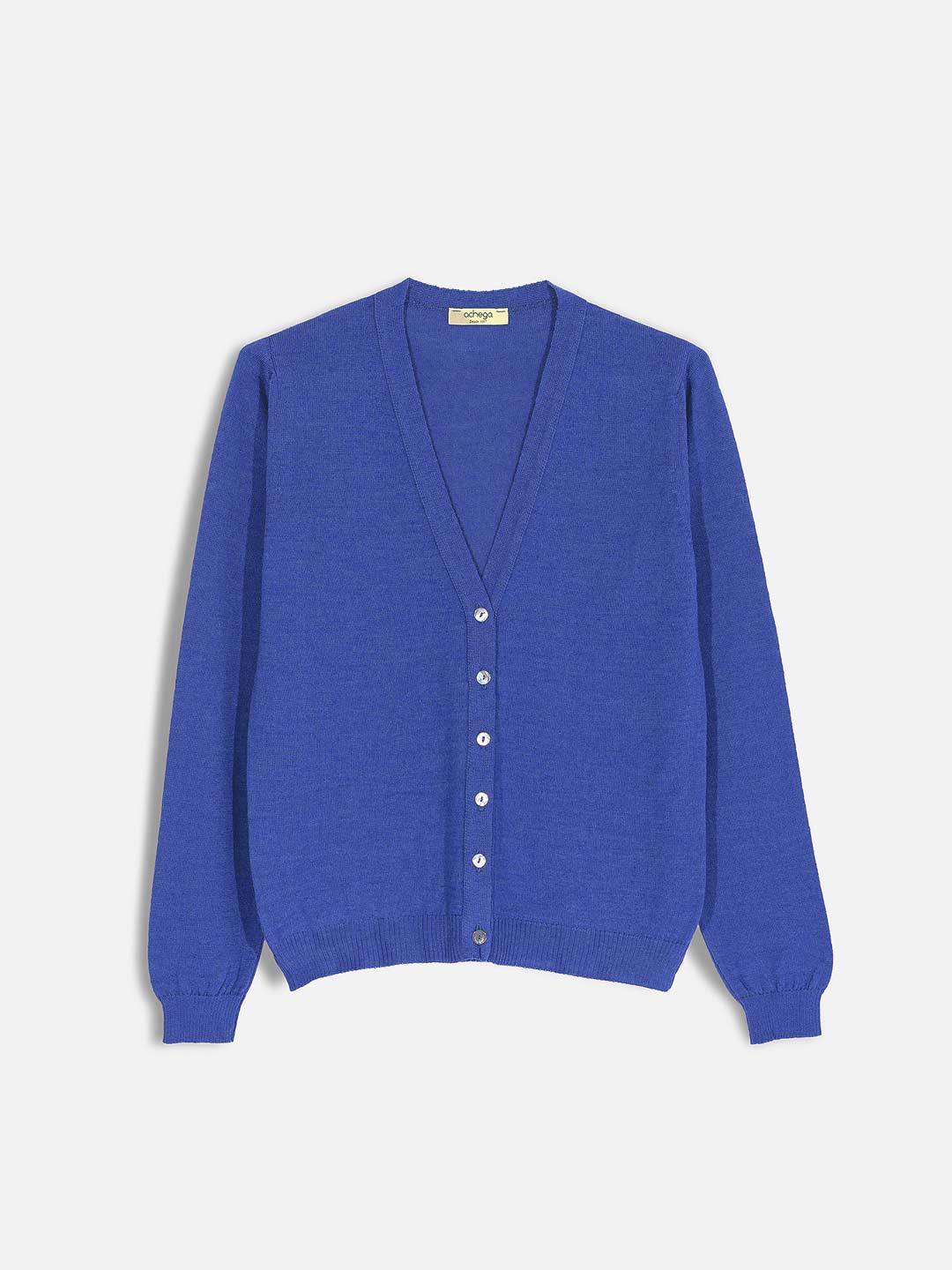Casacos de Malha Achega - Casaco feminino azul indigo em lã merino com decote em V e botões