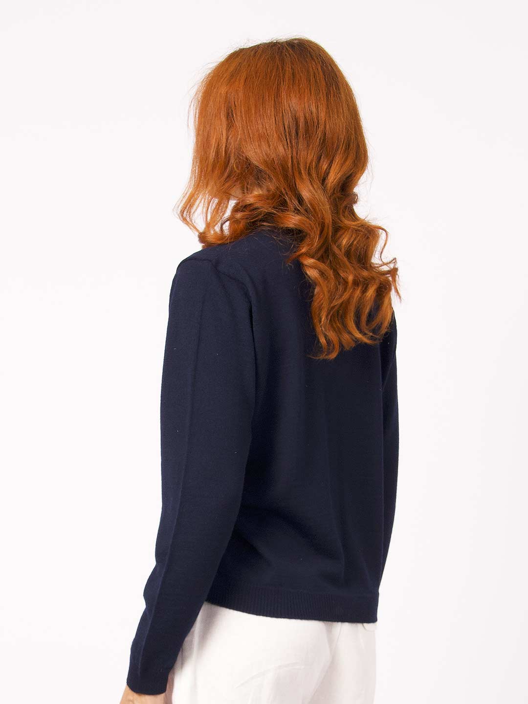Achega Knitwear Chaquetas - Chaqueta de mujer de lana merino azul marino con cuello de pico y botones