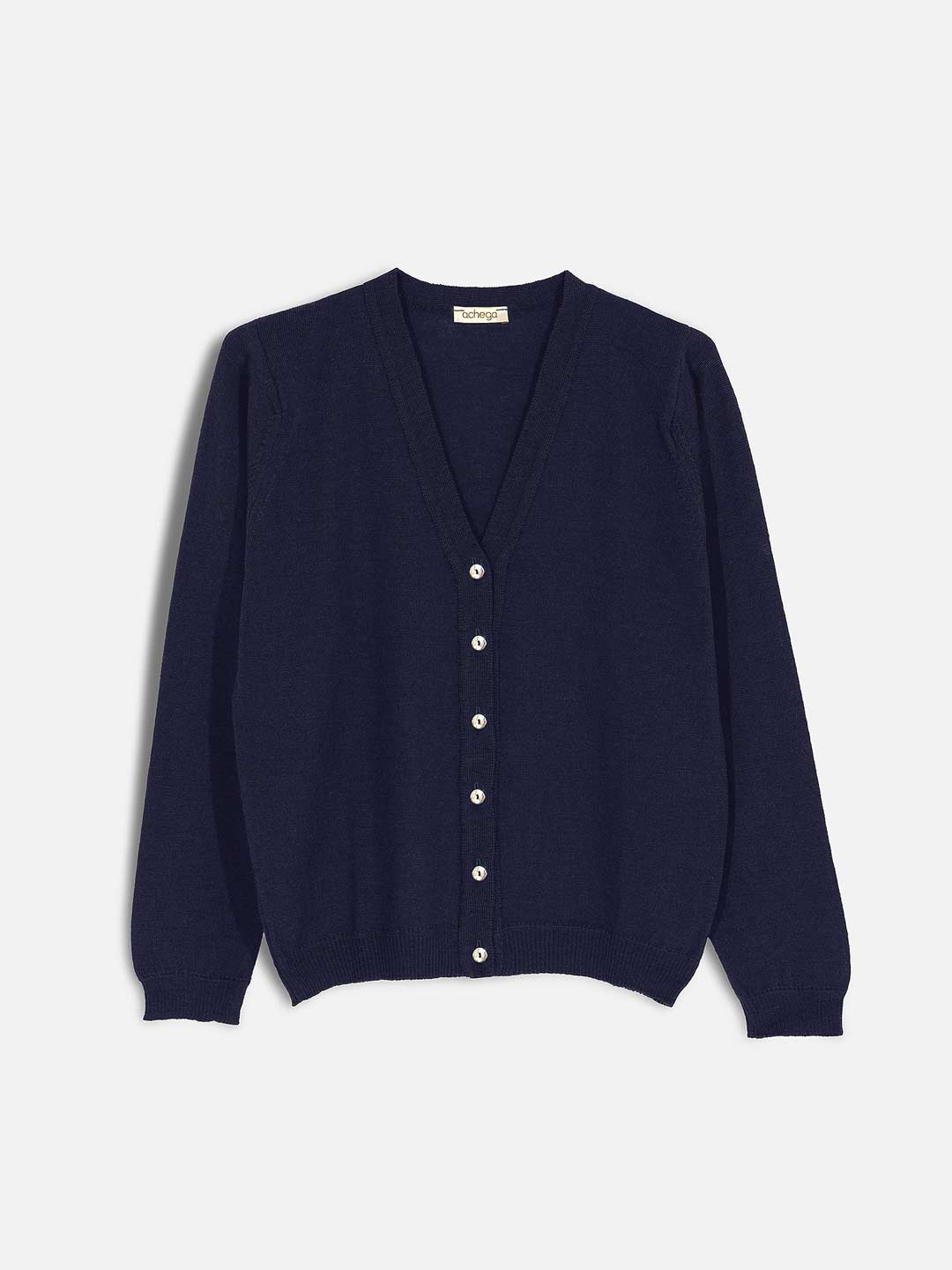Achega Knitwear Chaquetas - Chaqueta de mujer de lana merino azul marino con cuello de pico y botones