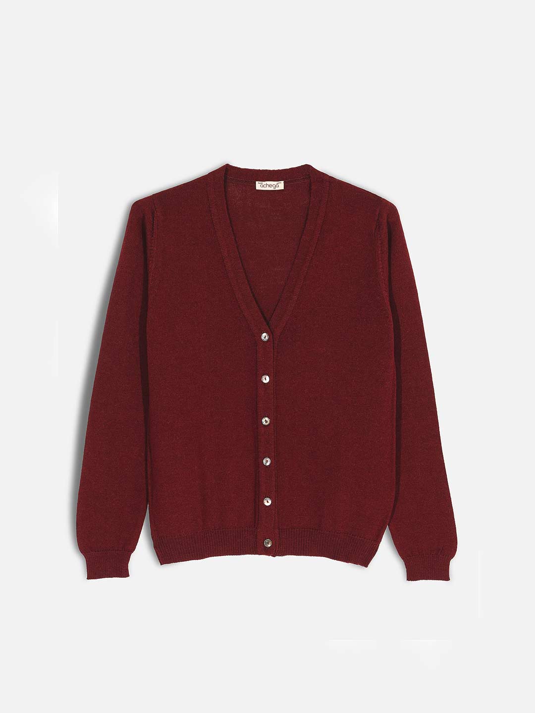 Casacos de Malha Achega - Casaco feminino bordeaux em lã merino com decote em v e botões