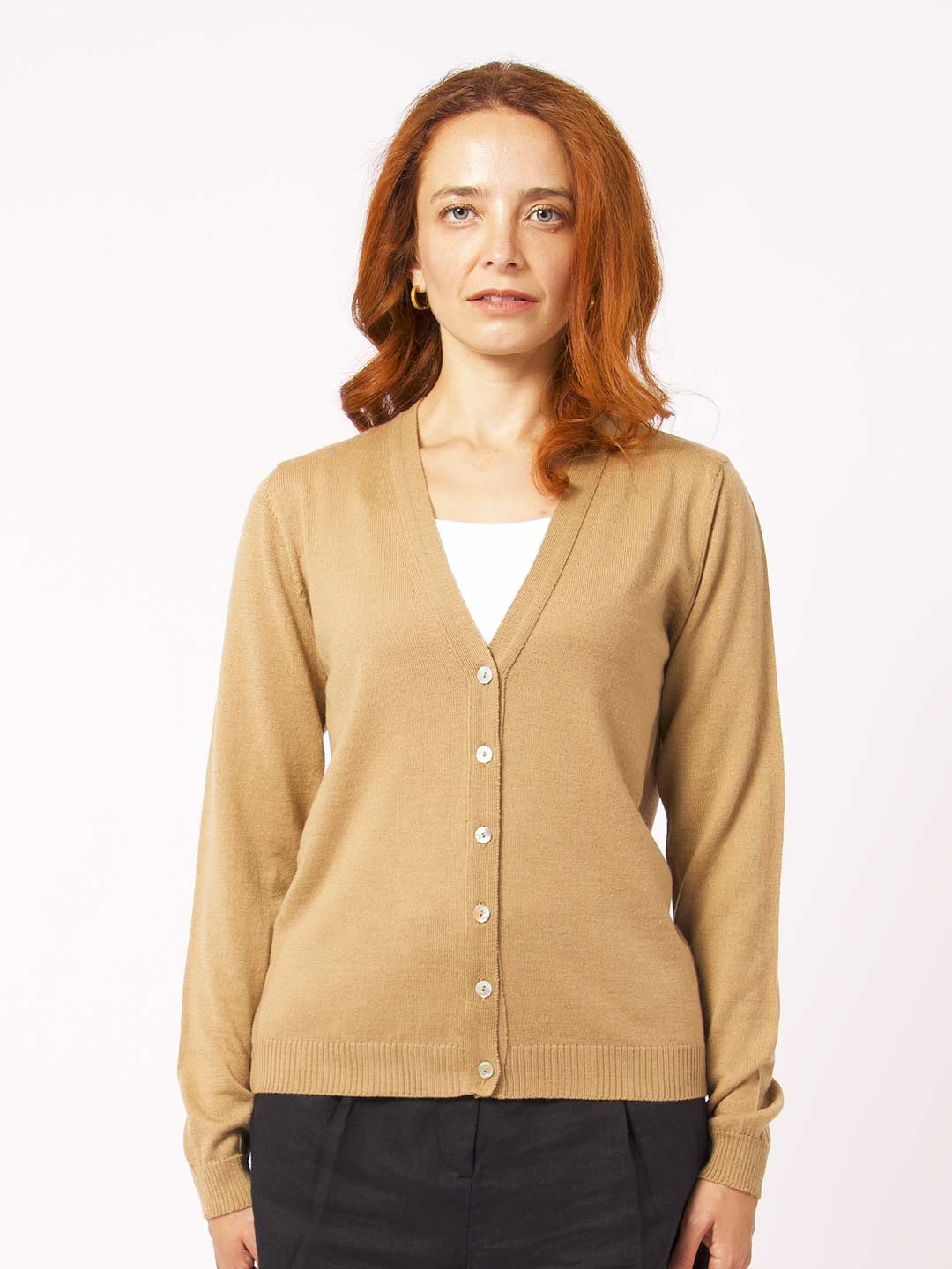 Achega Knitwear Jackets - Cardigan women's camel merino wool with v-neck and buttons
