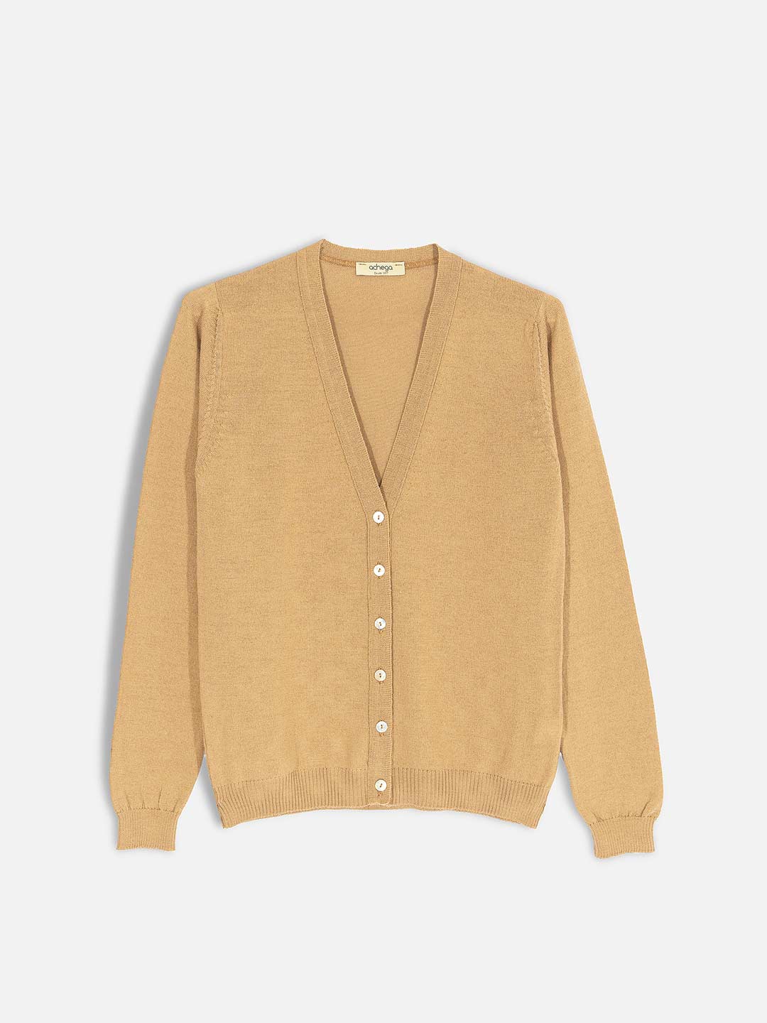 Achega Knitwear Jackets - Cardigan women's camel merino wool with v-neck and buttons