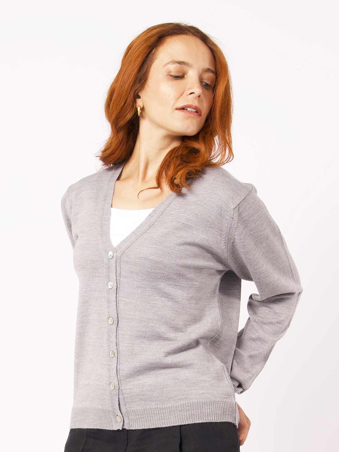 Achega Knitwear Cardigan - Women's gray merino wool Cardigan with v-neck and buttons