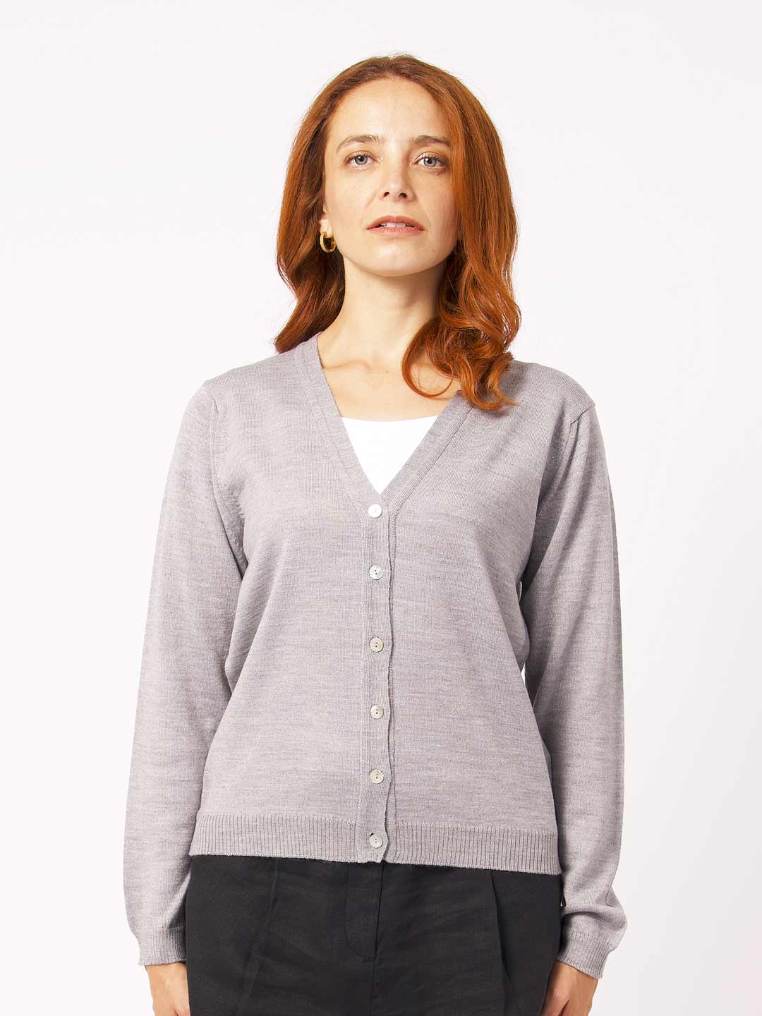 Achega Knitwear Cardigan - Women's gray merino wool Cardigan with v-neck and buttons