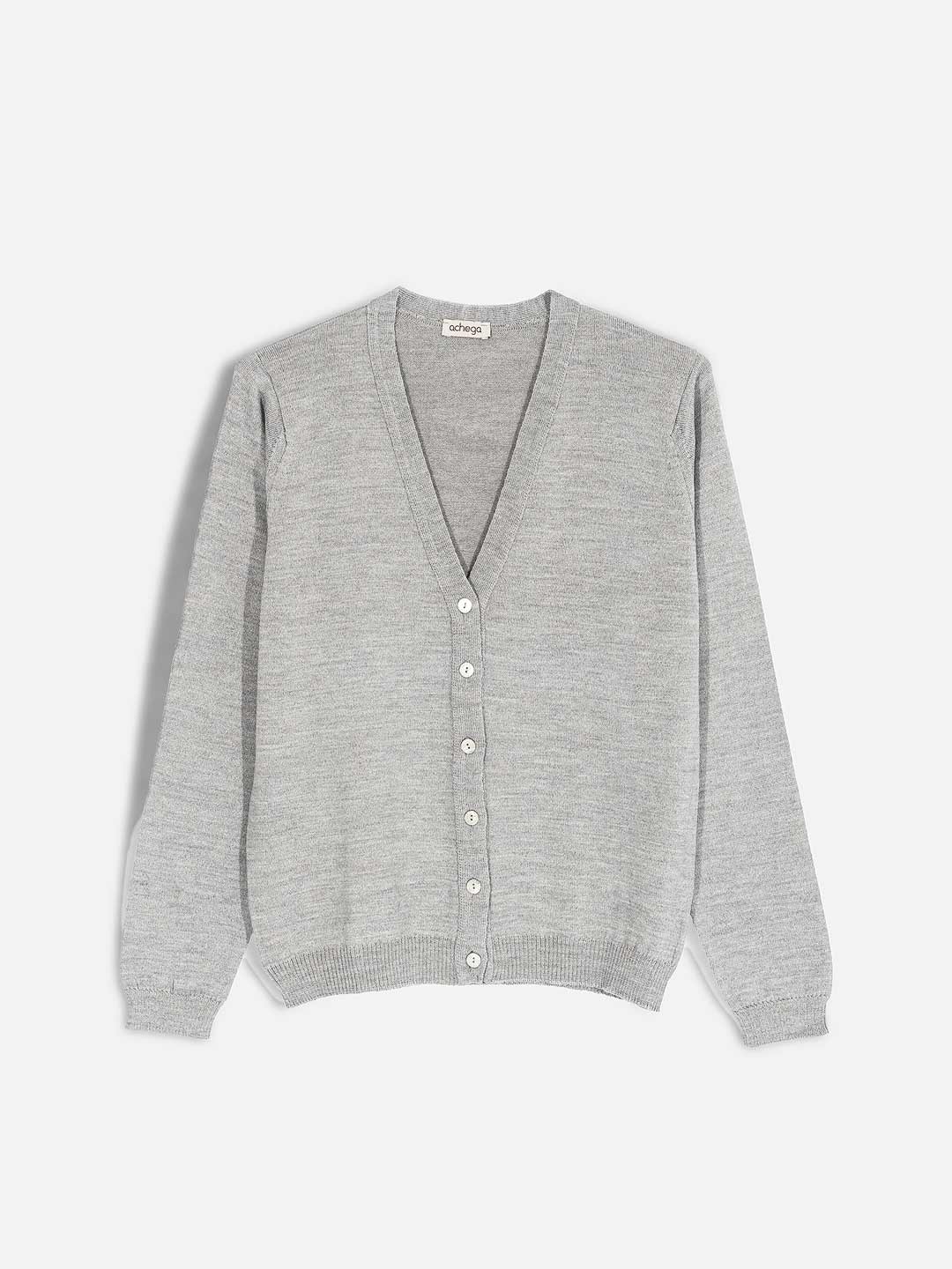 Achega Knitwear Cardigan - Women's gray merino wool Cardigan with v-neck and buttons
