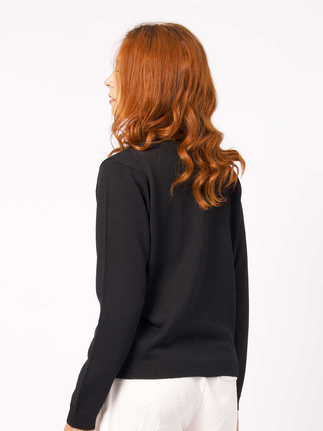 Achega Knitwear Chaquetas - Chaqueta de mujer de lana merino negra con cuello de pico y botones