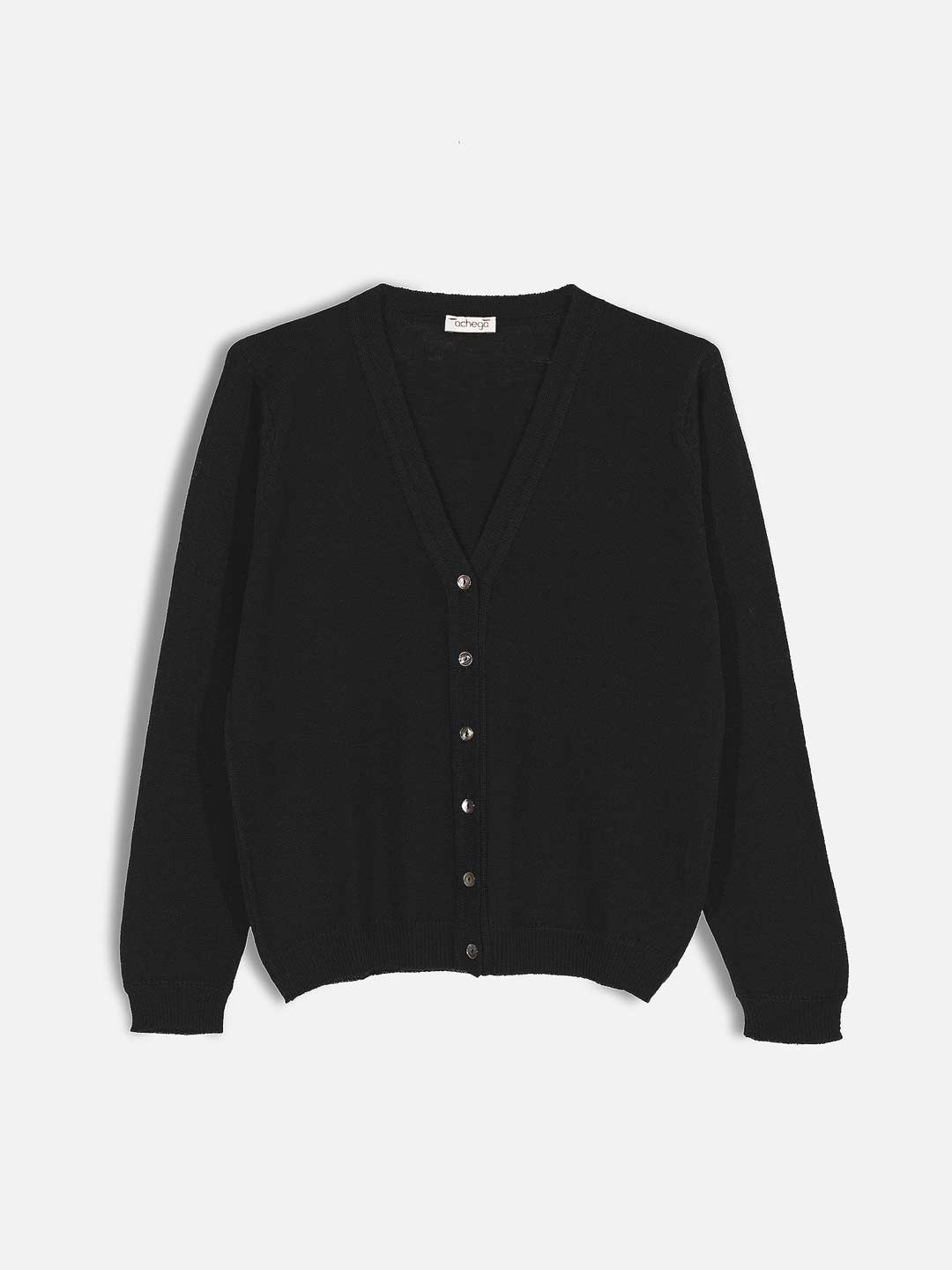 Achega Knitwear Chaquetas - Chaqueta de mujer de lana merino negra con cuello de pico y botones