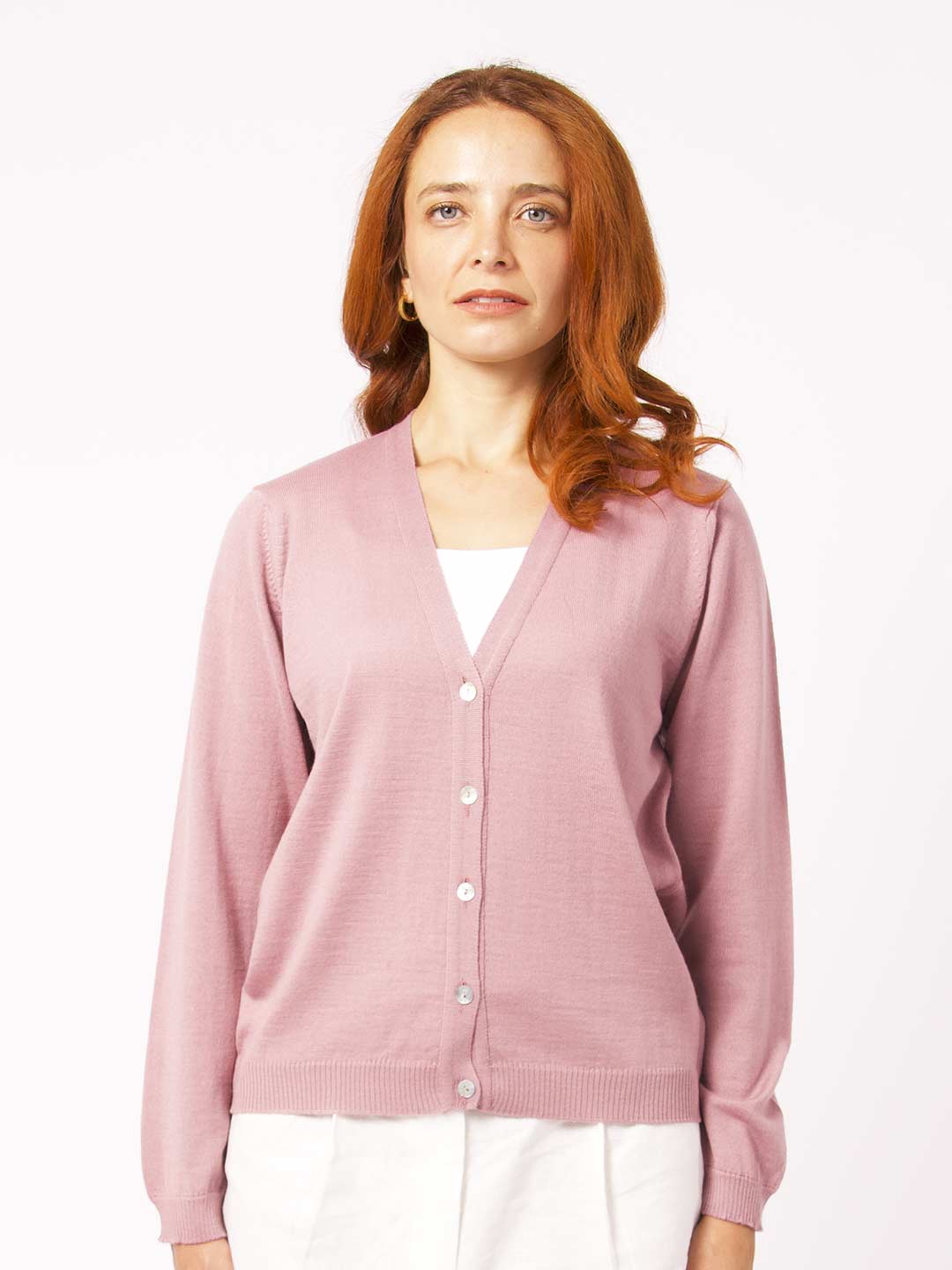 Achega Knitwear Cardigan - Old pink women's Cardigan in merino wool with V-neck and buttons