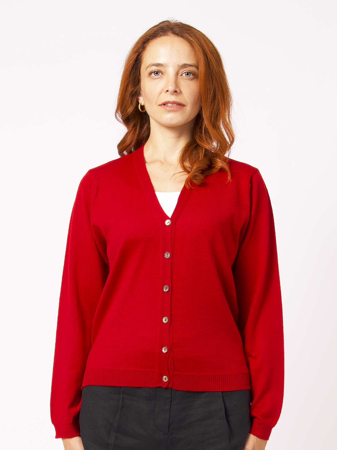 Achega Knitted Cardigan - Women's red Cardigan in merino wool with v-neck and buttons